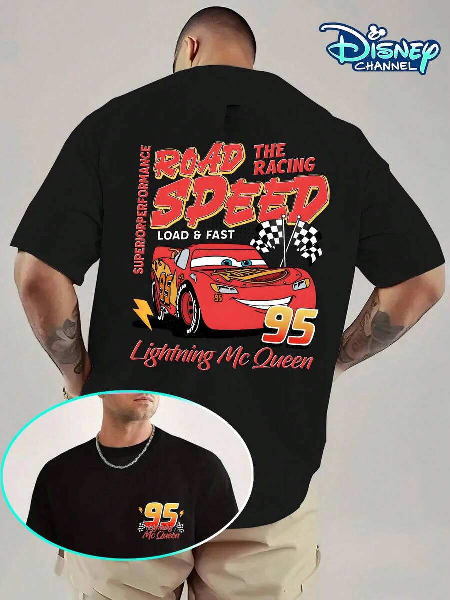 Disney Men's Casual T-Shirt, Cars Lightning McQueen Road Speed Print, Front & Back Graphic, Soft Fabric, Gift For Racing Fans - màu đen - Xem 1