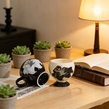 Black & White Contrast Lily Flower Pattern Ceramic Coffee Mug, Classical Elegant Bulbous Shape Teacup, Large Capacity For Home & Office, Afternoon Tea, Unique Gift - Multicolor - View 4