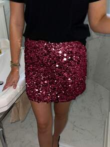 Chân váy mini ôm sát đính sequin gợi cảm và thanh lịch của Unadoll dành cho nữ, thích hợp cho tiệc cocktail, đám cưới, sự kiện, tiệc tùng, ngày Valentine và các dịp khác. - Màu Đỏ Sâu - Xem 11