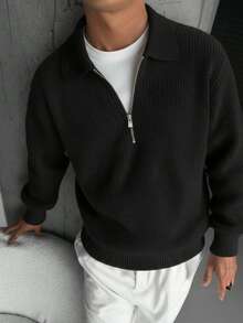 Men's Fashionable 7-Zipper Collar Long Sleeve Sweater, Autumn/Winter - Black - View 2