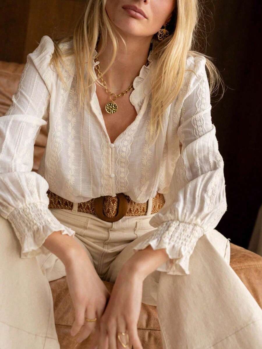 ii Blusa de malla bordada elegante y casual de primavera en color blanco para mujer