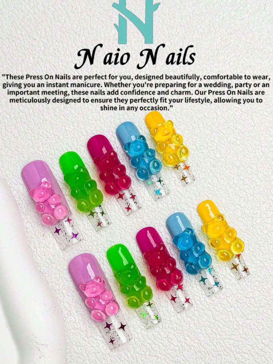 NAIO 10片方形手工美甲贴片，彩虹色系，法式设计，带闪粉、星星图案和小熊美甲装饰。这款美甲贴片非常适合女性和女孩，是派对和日常佩戴的理想之选。套装包含美甲工具。精美礼物，送给女性和女孩的绝佳选择。春夏美甲，手工美甲贴片。 - 彩色 - 查看 1