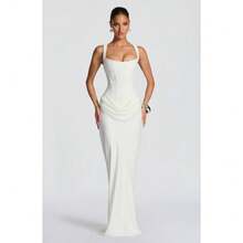 Elegant Temperament Commuting Fashion Party Street Women's Casual Long Sleeved Slim Fit Fishbone Pure Desire Suspender Jumpsuit Long Skirt Slim Fit Solid Color Hip Hugging Dress - 白色 - 查看 5