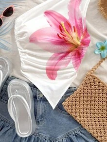 Women's Asymmetric/Asymmetrical Ruffle Hem Floral Print Lily Casual Shoulder Top White - White - View 3