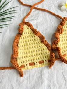 女士休闲可爱镂空露背针织短款上衣和裤子套装，时尚条纹纹理波西米亚风比基尼海滩街头装，波西米亚海滩度假约会派对沙滩装 - 黃色 - 查看 4