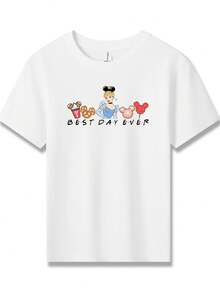 Disney Princesses And Mickey Mouse Best Day Ever Double-Sided Printed Pattern T-Shirts For Girls - Children's Clothing Design Short-Sleeved Casual And Cute Style Comfortable And Casual Wear All Year Round Suitable For Parties And Play Machine Washable Gift Children's Clothing Girls' Short-Sleeved Shirts - White - View 2