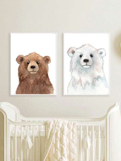 1幅帆布墙画 - 水彩熊设计动物主题儿童房装饰画，一对北极熊和棕熊墙画，适用于儿童房 - 婴儿房装饰 - 带框婴儿房墙画，非常适合游戏室装饰、婴儿房装饰、幼儿园装饰、男孩房装饰、女孩卧室装饰、儿童房装饰。