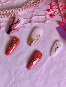 10片装女士美甲按压式假指甲，手工制作，情人节粉色梅花金箔亚克力材质，可重复使用，佩戴舒适，易于粘贴和卸除，包含美甲饰品和美甲贴纸。 - 彩色 - 查看 5