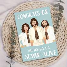 1pc "Nostalgic Bee Gees 'Congrats On Stayin' Alive' Birthday Card"Cheerful Celebration Card – Soft Sky Blue Backdrop, Stylized Illustration Of The Bee Gees In Iconic White Outfits, Humorous "Stayin' Alive" Lyric Pun, Birthday Card With Envelope, Blank Inside For Personal Notes, Perfect Gift For Bee Gees Fans, Music Lovers, Friends & Family To Celebrate Birthdays With Nostalgic, Playful Charm, Delightful Card Blending Retro Art & Festive Humor - Single Piece - View 1