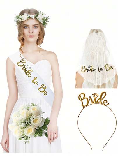 1 Set Bridal Decoration Set, Bridal Belt, White Bridal Veil, Bridal Headpiece, Suitable For Bachelorette Party Bridal Shower Decor (White With Gold)
