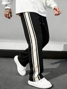 1件加大码男士休闲宽松裤，百搭户外街头风长裤，适合日常穿着、徒步旅行、运动训练、健身、慢跑、街头风格，条纹直筒裤型 - 黑色 - 查看 3