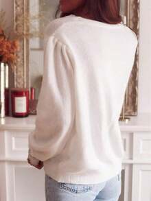 Women's V-Neck Long Sleeve Pullover Sweater, Delicate Contrast Lace And Button Front, Regular Length, Elegant Minimalist Casual Style, Suitable For Daily Wear, Autumn/Winter Knitwear - 白色 - 查看 3