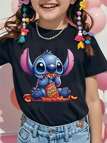 Disney Stitch Eating Snack Printed Pattern T-Shirts For Girls - Children's Clothing Design Short-Sleeved Casual And Cute Style Comfortable And Casual Wear All Year Round Suitable For Parties And Play Machine Washable Gift Children's Clothing Girls' Short-Sleeved Shirts - Black - View 1