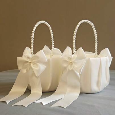 纯色蝴蝶结仿珍珠手柄花童篮，适合派对、万圣节、圣诞节、新年、情人节等场合