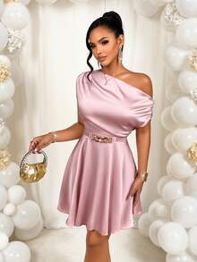 AIJ Amarilo Women's Pink Satin Mini Dress - One Shoulder Ruffle Design With Metal Buckle Belt, Sexy And Elegant Wedding Guest Outfit - Pink - View 4