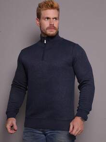 Men's Long Sleeve Sweater With Zipper At The Collar - Navy Blue - View 8