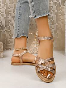 Sandal Kasual Wanita Model Baru Musim Panas Warna Rose Gold, Serbaguna, Minimalis, Ringan, Nyaman, dengan Ujung Bulat dan Terbuka. - Rose Gold - View 4