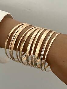 10件套时尚简约优雅复古几何花卉压纹金属手镯套装，适合节日、派对、约会、送礼、日常佩戴 - 金黃色 - 查看 2