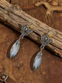 一对复古水滴吊坠拼接飞蛾3D花卉图案锌合金优雅耳环 - 淺藍色 - 查看 2
