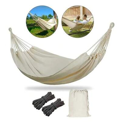 Una hamaca individual engrosada, hamaca portátil de algodón beige para exteriores - columpio/hamaca/silla/picnic multifuncional, 260*100CM, 150kg,transpirable y ligera, adecuada para descanso al aire libre, playa, jardín, campamento, patio, traspatio, porche y viajes (sin necesidad de soporte/fácil de instalar)