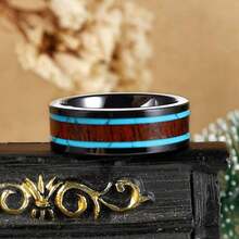 8毫米时尚黑色不锈钢戒指，镶嵌合成绿松石和木纹，独特叠戴戒指，扁平造型，佩戴舒适，珠宝礼品 - 雙邊綠松石木紋 - 查看 6
