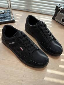 男士黑色基础款PVC系带滑板鞋，户外字母条纹休闲运动鞋 - 黑色 - 查看 2