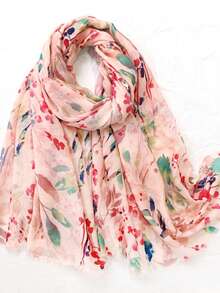 1pc New Floral Print Lightweight Voile Scarf With Tassels, Elegant Style Women's Sunscreen Vacation Travel Scarf - Multicolor - View 2