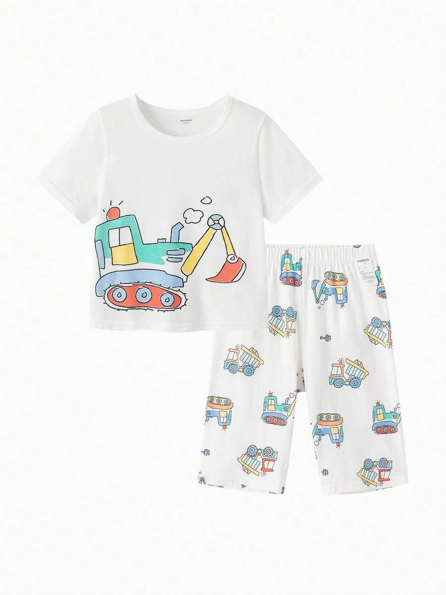 Balabala Baby Pajama Set, Short Sleeve Cotton Loungewear, Lightweight Summer Homewear - White Tone - View 1