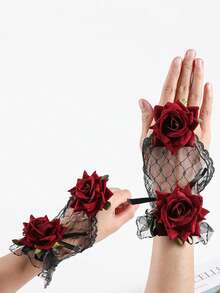 1 双女士哥特式露指渔网手套，带玫瑰装饰，情人节 - 黑色 - 查看 2