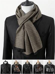 1pc Men's New Herringbone Pattern Faux Cashmere Business Formal Overcoat, Coat With Scarf - Multicolor - View 9