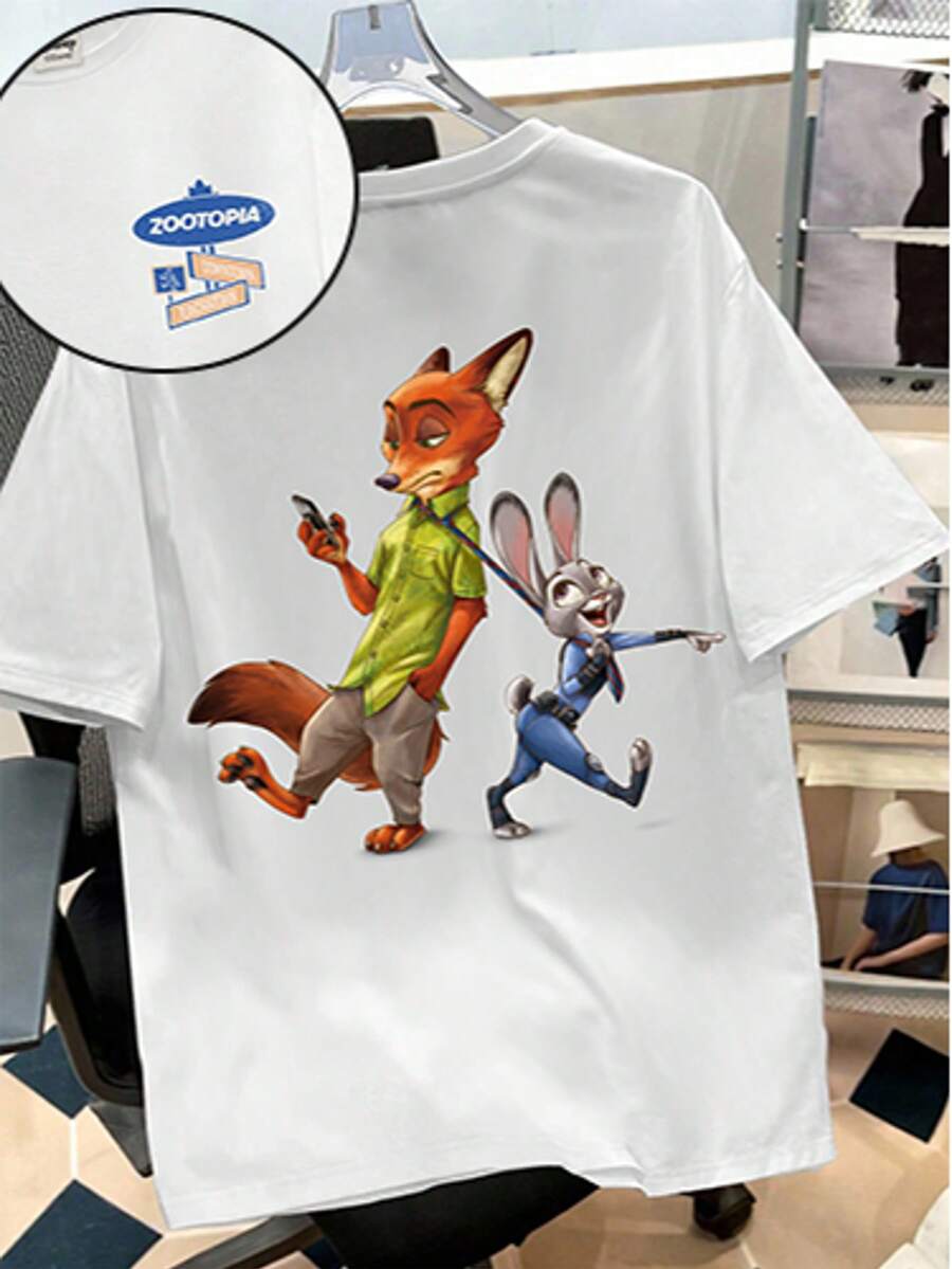 Disney Retro Street Style T-Shirt, Printed With Zootopia Logo, Made Of High Quality Fabrics. Men's T-Shirt With Round Neck And Short Sleeves. - White - View 1