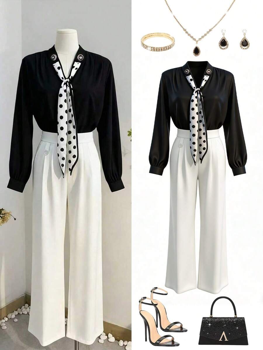 Blusa de manga larga negra con cuello de corbata a lunares, decoración de botones dorados en escote en V + Pantalones rectos de cintura elástica, conjunto casual elegante para el trabajo - Blanco y Negro - Ver 1