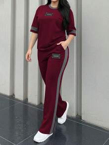 2pcs Women's Spring/Autumn Round Neck Short Sleeve T-Shirt And Elastic Waist Loose Pants Set, Casual Daily Wear - Burgundy 199 - Xem 2