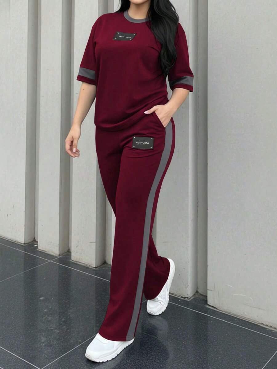 2 piezas Conjunto de camiseta de manga corta de cuello redondo y pantalones holgados de cintura elástica para mujer, uso casual diario de primavera/otoño - Borgoña 199 - Ver 1