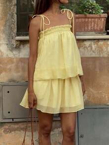 PoPoHouse Women's Elegant Yellow Ruffled Tie-Strap Top & Mini Skirt Set Summer Holiday Vacation Beach Outfit Casual Chic Party Going Out Suit - Yellow - View 3