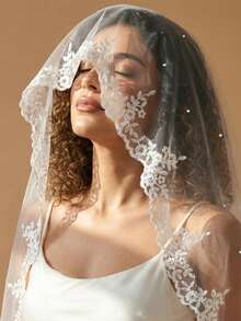 1 pieza Velo de novia con ribete de encaje, velo corto sin peine para cubrir el rostro, velo de boda - Multicolor - Ver 3