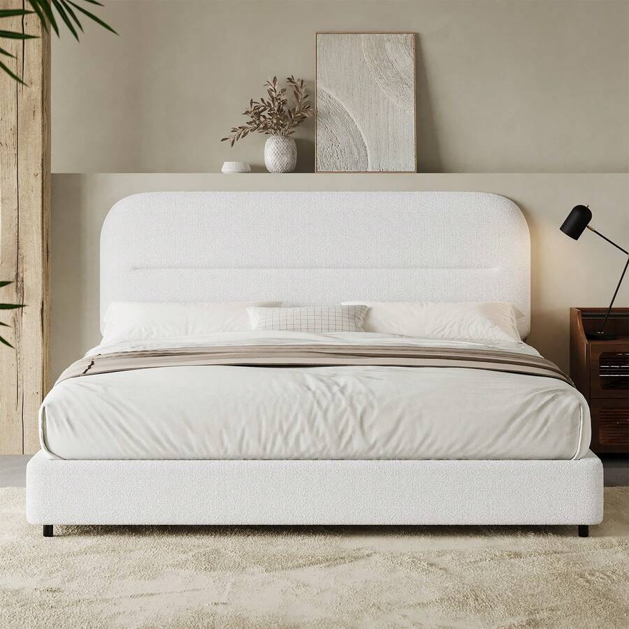 Queen Bed Frame With Headboard, Boucle Upholstered Soft Platform Bed Frame With Thickened Footboard, Rounded Corners Design, Twin/ Full/ Queen/ King, Grey/ White/ Beige/ White/ Black - 白色 - 查看 1