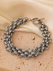 1件时尚毛衣链OT扣项链，不锈钢手链，适合女士日常佩戴 - 銀色 - 查看 3