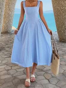 Unadoll Women's Summer Casual Elegant Dress, With Thick Shoulder Straps, Back Zipper Design, Blue And White Checkered Fabric, Suitable For Dates, Beach, Vacations, Birthdays, And Travel Outfits - Blue - View 3