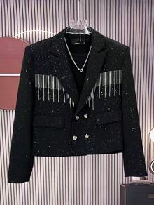 2026 New Spring/Autumn Off-Shoulder Streetwear Design Blazer, Men's Padded Shoulders Short Starry Sky Top - 黑色 - 查看 1