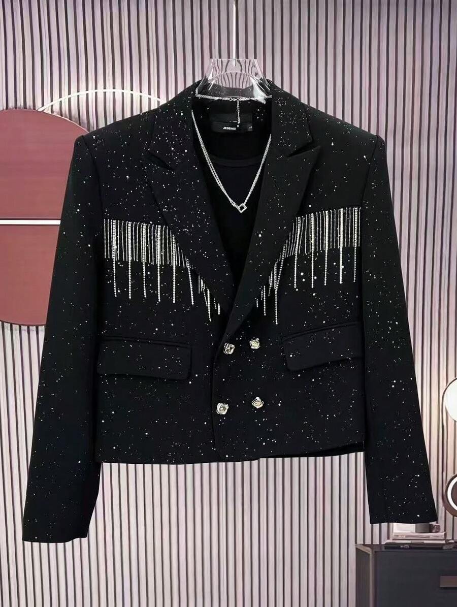 2026 New Spring/Autumn Off-Shoulder Streetwear Design Blazer, Men's Padded Shoulders Short Starry Sky Top - 黑色 - 查看 1