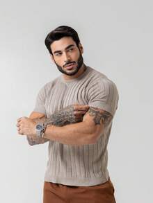 Men's Textured Lightweight Knit T-Shirt, High Quality Premium Spring Summer 26 - Beige - View 8