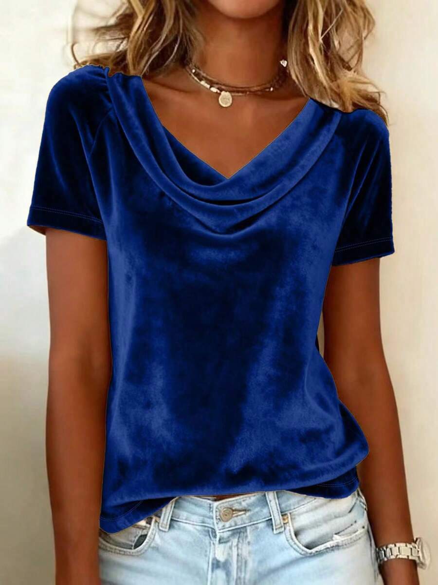 Solid Velvet Draped Collar Short Sleeve Top Summer - Blue - View 1
