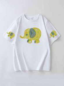 女士可爱大象印花宽松短袖T恤，夏季 - 白色 - 查看 2