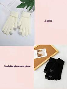 1 Pair Multicolor Winter European & American Popular Thick Velvet Knitted Five-Finger Universal Unisex Solid Color Gloves, Windproof - Multicolor - View 13