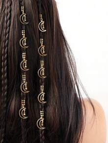 6pcs Eid Mubarak Grid Star Tassel Hair Clips Set, Bohemian Cute Hip Hop Hair Accessories, Star Moon Combination, Eid Gift, Party Hair Rings & Braids - Gold - View 1