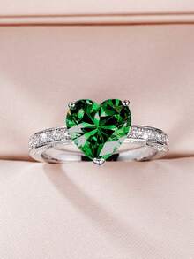 1pc Fashion Heart-Shaped Square Cubic Zirconia Women's Ring, Suitable For Valentine's Day Gift, Wedding Engagement Jewelry - Green - View 15