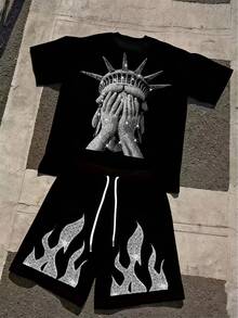 Men's Y2K Hip-Hop 2pcs Set, Statue Of Liberty Graphic Tee & Flame Print Shorts Co-Ord, Streetwear Casual Loose Outfit - màu đen - Xem 2