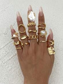 15 Peças Conjunto de Anéis Dourados Femininos, Design Elegante Minimalista e Vintage na Moda, Formas Geométricas Assimétricas, Anéis Grossos de Metal Líquido Texturizado com Pérola Falsa, Adequado para Férias, Festa, Encontro, Uso Diário, Presente - Ouro amarelo - Visão 2