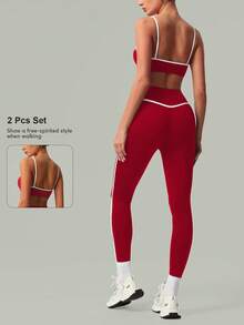 2pcs/Set Women's Fashion White Stripe Yoga Sports Bra And Leggings Co-Ord Set, Spring/Summer - Red - View 2